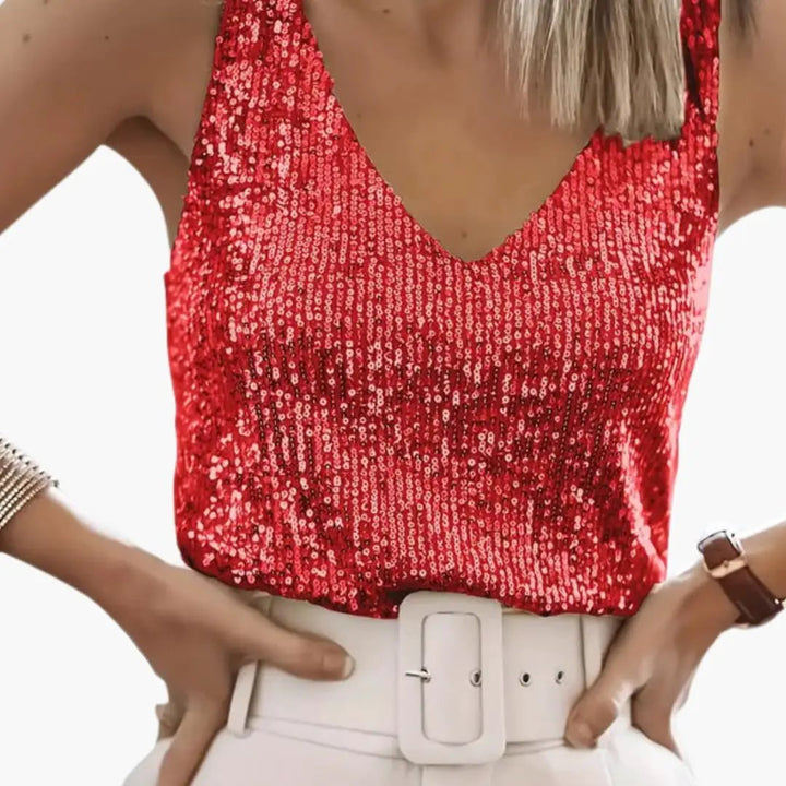 Shimmering women's round neck tank top with sequins, sleeveless, for versatile evening style.