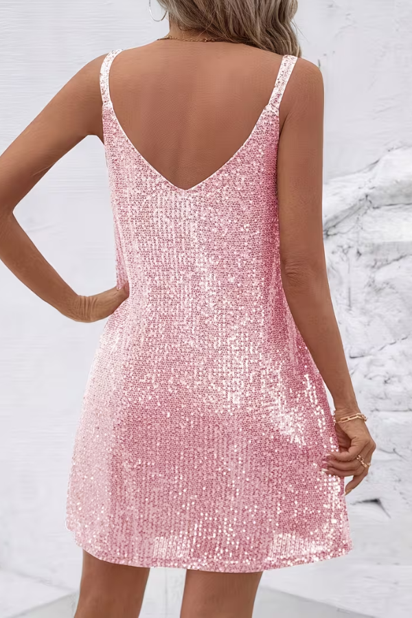 Shimmering sleeveless V-neck sequin party dress for women, a dazzling choice for evening events.
