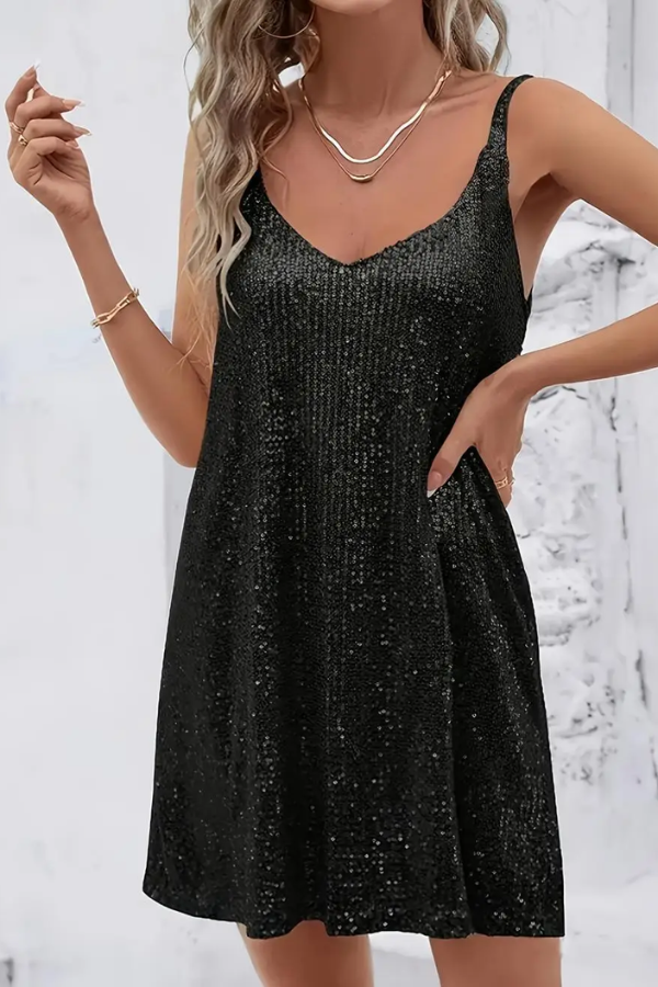 Eye-catching sequin V-neck women's dress, designed for cocktail events and memorable party nights.