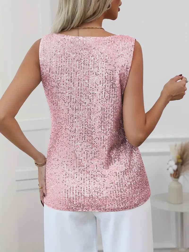 Elegant women's V-neck shimmer top, sophisticated long sleeve party wear.