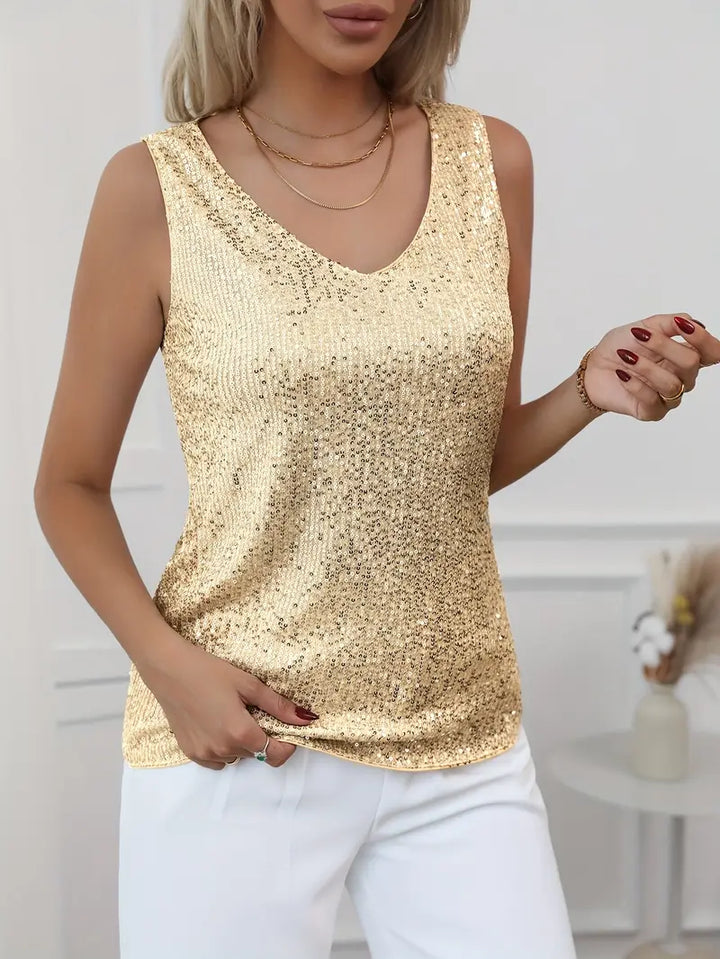 Glamorous V-neck glitter top for women, perfect for dazzling evening occasions.