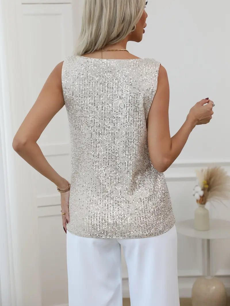 Sophisticated women's long sleeve V-neck top, shimmering party wear.