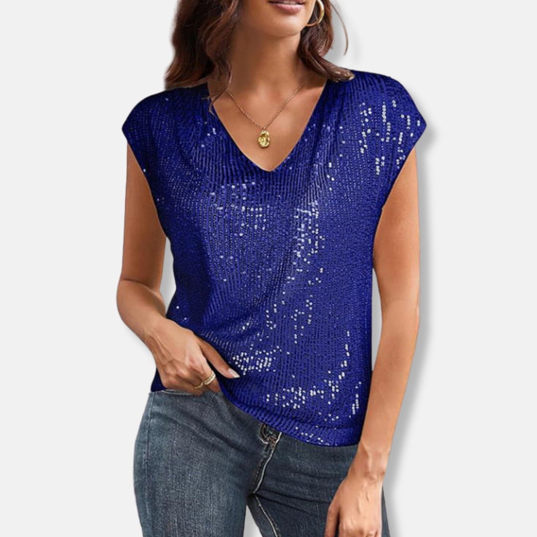 Women's sparkling V-neck party blouse in silver, perfect for evening wear & special occasions. Elegant shimmering short sleeve top.