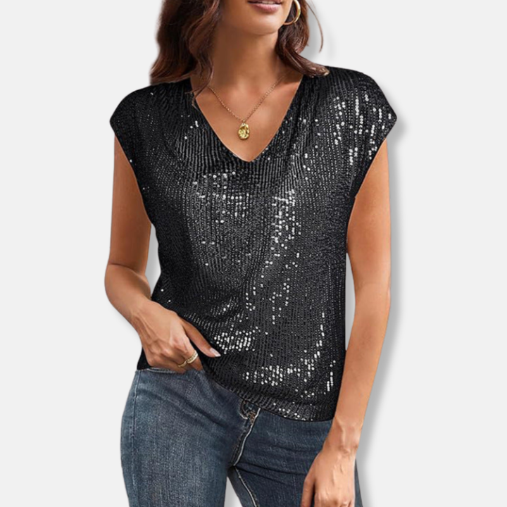 Elegant women's V-neck party blouse with shimmering fabric, ideal for celebrations. Features a relaxed fit & glam style.