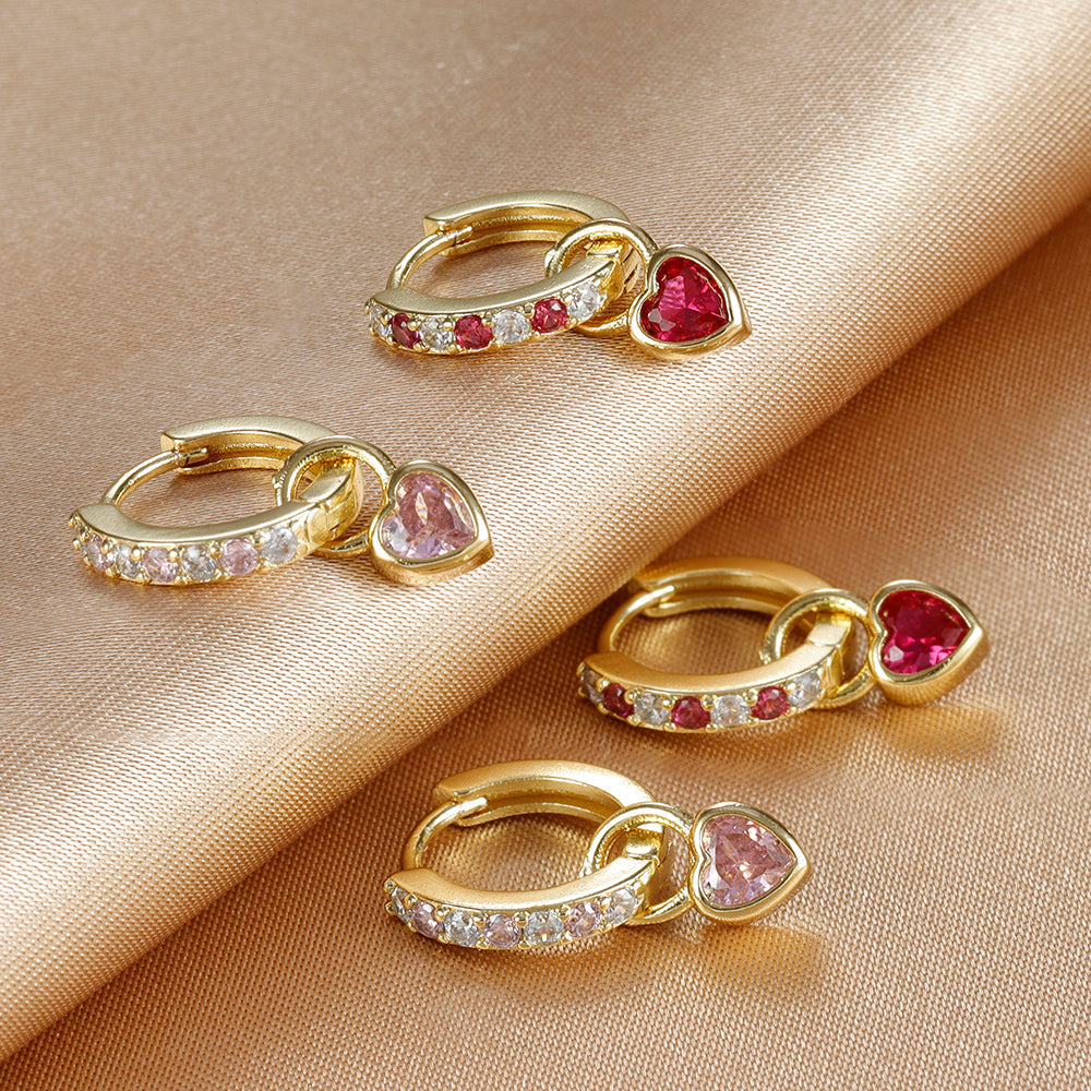 Stylish women's gold heart earrings, sparkling zircon, perfect for elegant everyday jewelry.