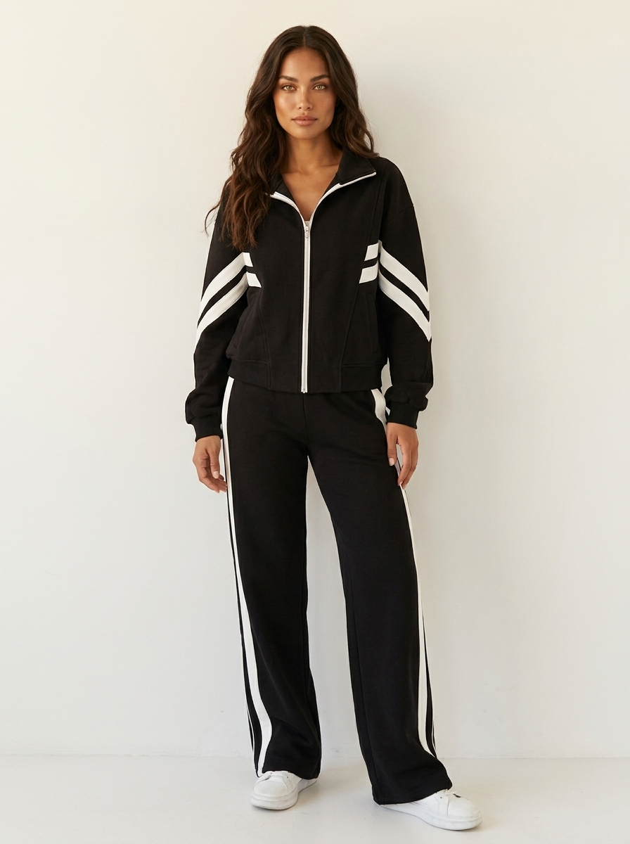 Comfortable women's wide leg track pants with matching zip-up jacket, a stylish lounge wear set.