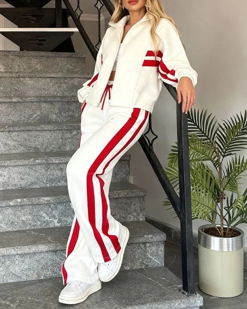 Casual fashion women's sporty two-piece tracksuit set, contrast stripe zip-up top & comfortable wide leg pants.