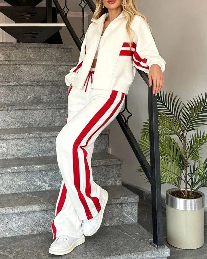 Casual fashion women's sporty two-piece tracksuit set, contrast stripe zip-up top & comfortable wide leg pants.