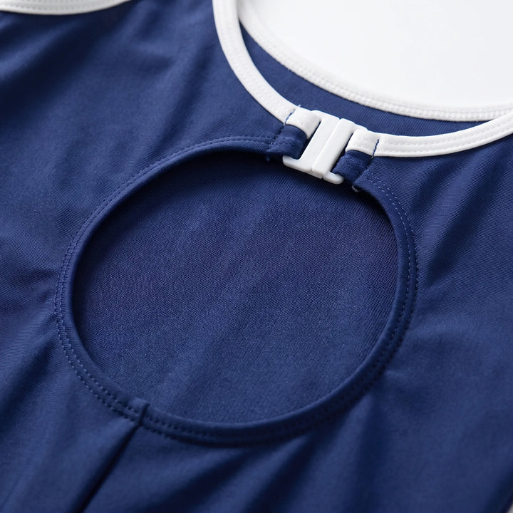 Classic navy women's one-piece swimsuit, comfortable & sporty for active swimmers, beach, or poolside wear.
