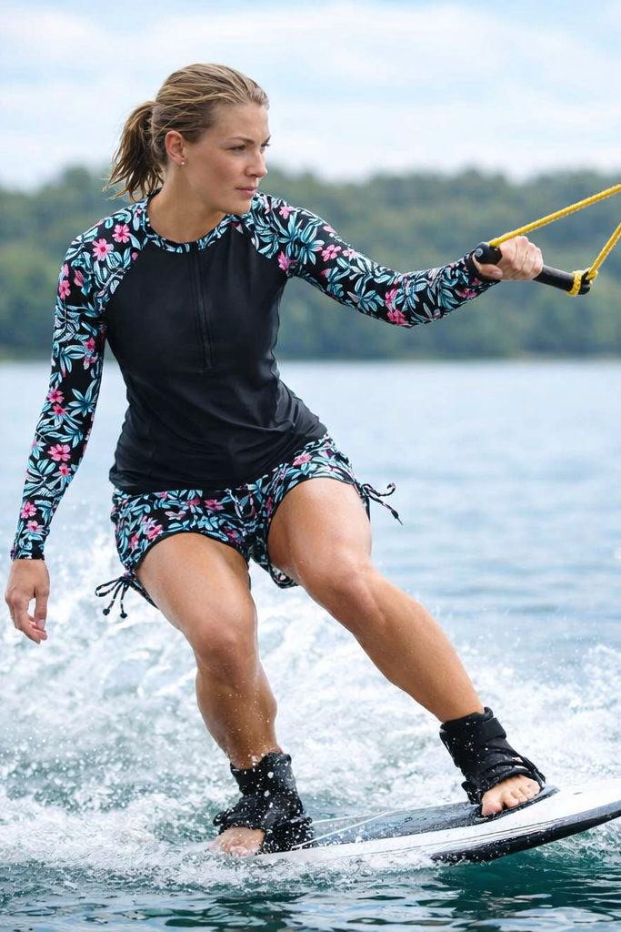 Complete two-piece women's tropical rashguard and high-waisted swim shorts, ready for summer beach adventures.