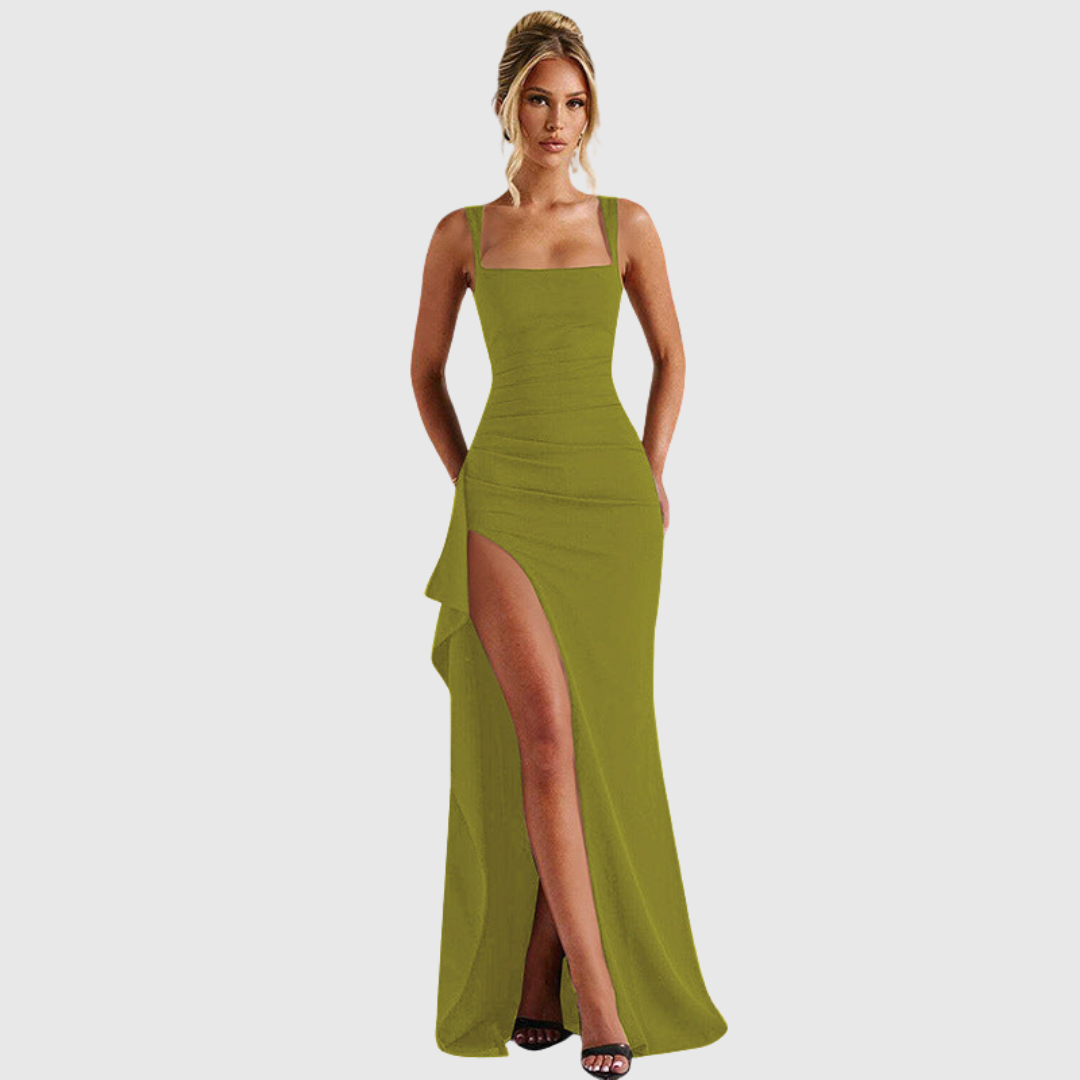 Glamorous women's evening dress, bodycon style, square neck, ruched waist, elegant thigh slit.