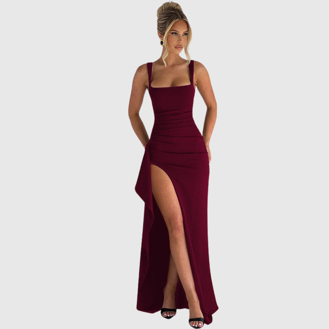 Stunning women's long bodycon homecoming dress, square neck & fashionable thigh slit.