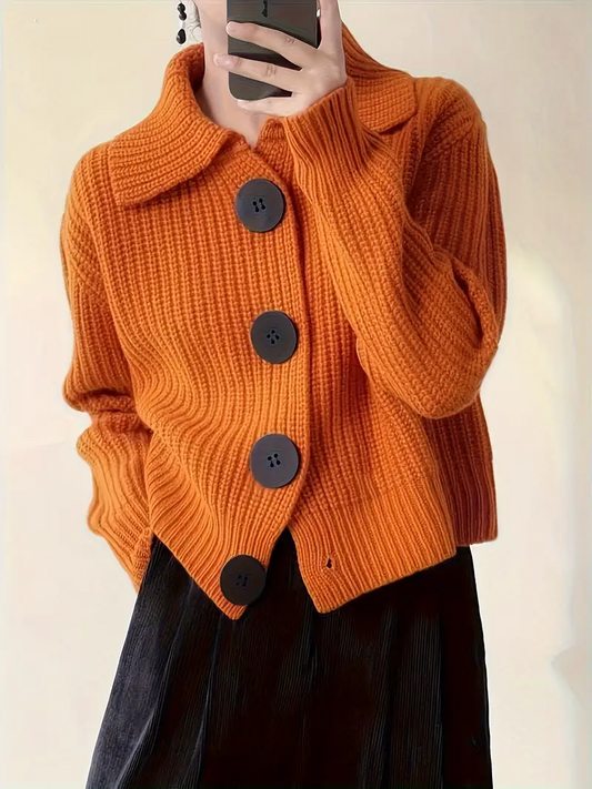Women's statement button-down cardigan with wide collar, oversized fit, perfect for autumn style.