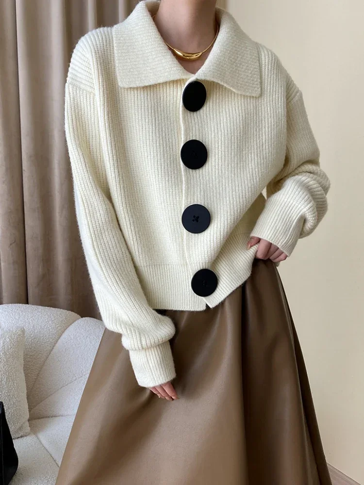 Versatile women's button-down sweater, great for layering in autumn, featuring a wide collar.