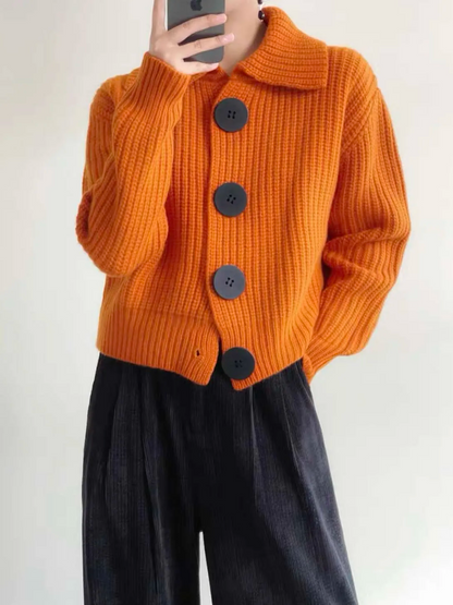 Casual chic women's button-down cardigan, an effortless layering piece with a wide collar.