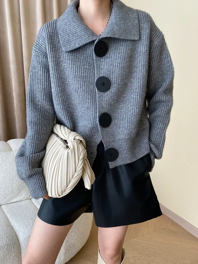 Stylish women's button-down cardigan, versatile and effortless, with a wide collar and relaxed fit.