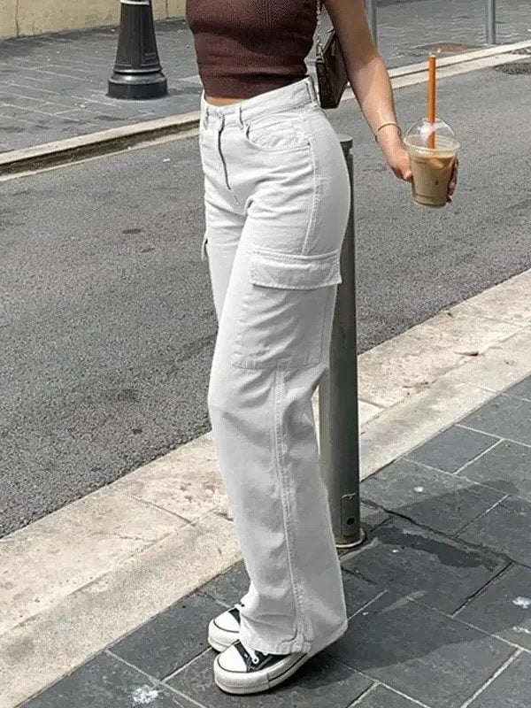 Vintage-inspired women's straight fit cargo pants. Adjustable waist, multi-pocket design. Fashionable & casual.