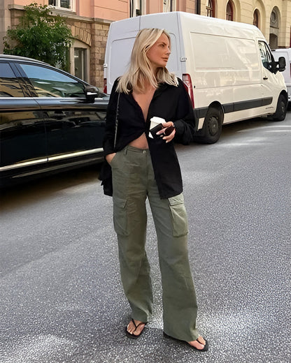 Women's versatile straight fit cargo pants. Adjustable waist, comfortable for daily wear, urban utility style.