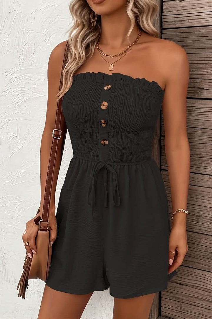 Versatile women's strapless romper with front buttons. Lightweight fabric, suitable for summer, day, or night.