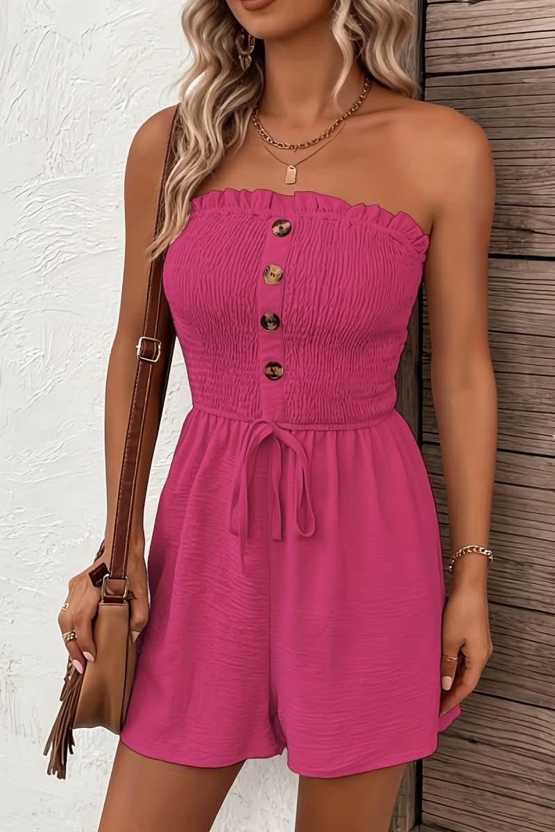 Effortless summer style: women's strapless romper with button details. Perfect for beach, vacation & chic casual looks.
