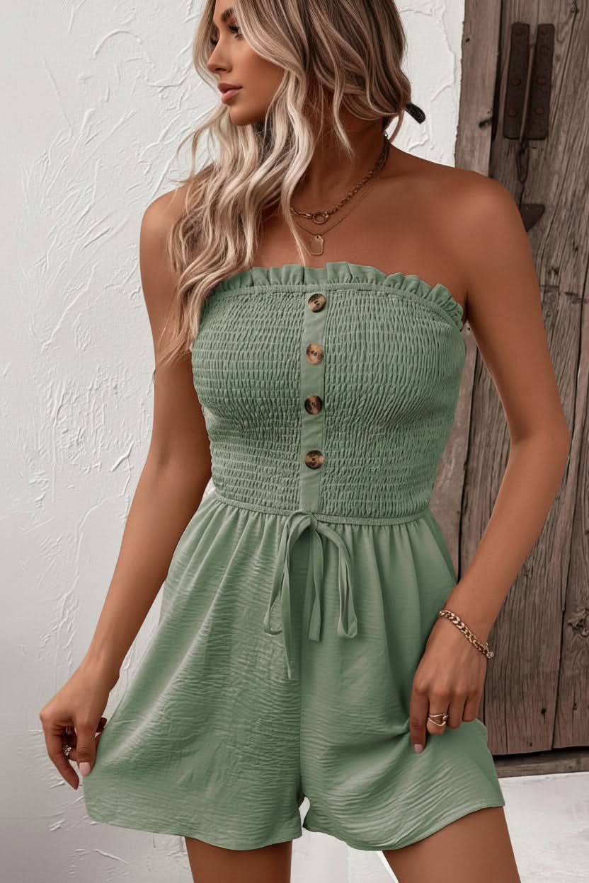 Women's fashion romper: strapless design with front buttons. Perfect for summer, beachwear, and party occasions.