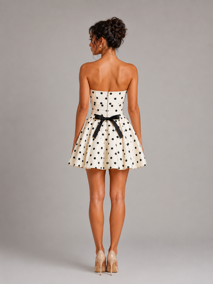 Elegant women's strapless polka dot mini dress with corset bodice, ideal for homecoming & parties.