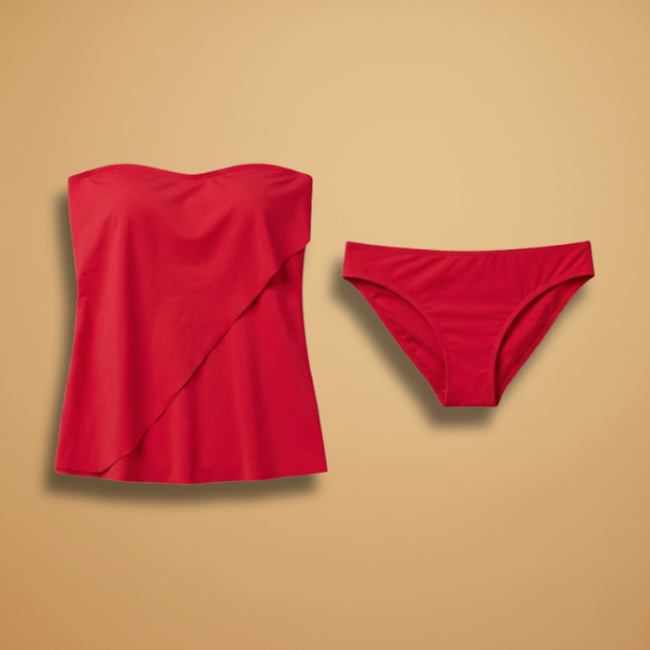Stylish women's strapless ruffle tankini swimsuit, perfect for summer beach and pool.