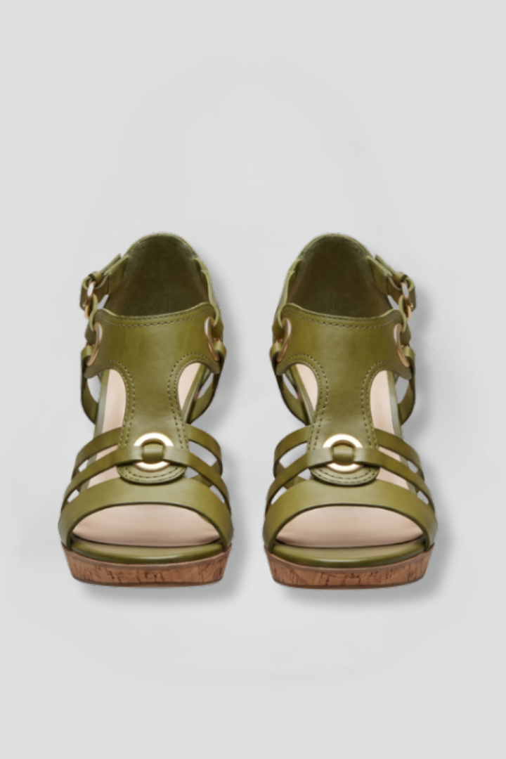 Women's strappy mid-heel orthopedic sandals, comfortable & supportive for walking.