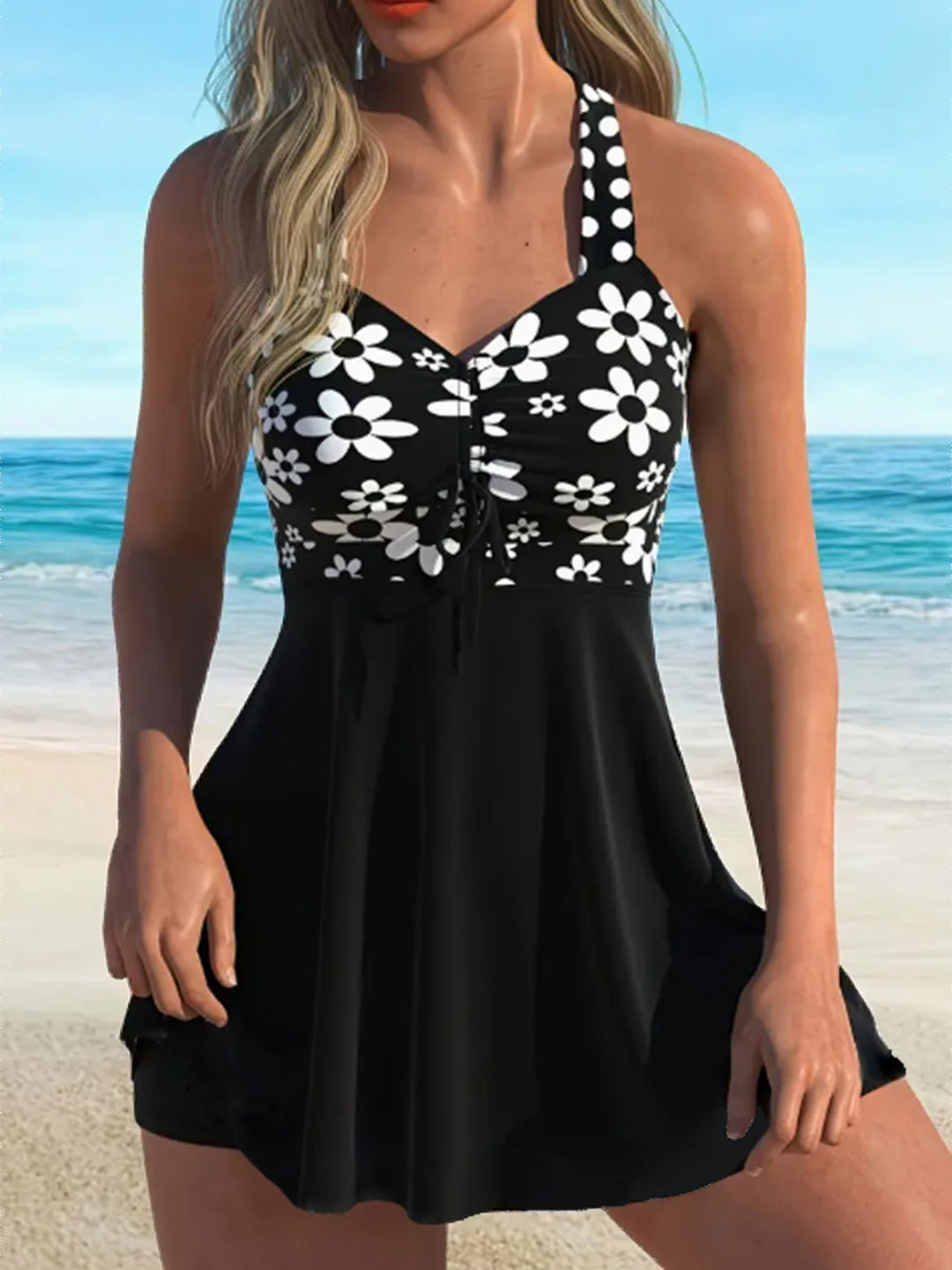 Versatile women's two-piece swim set: strappy top & modest shorts. Ideal for beach, pool, or active wear.