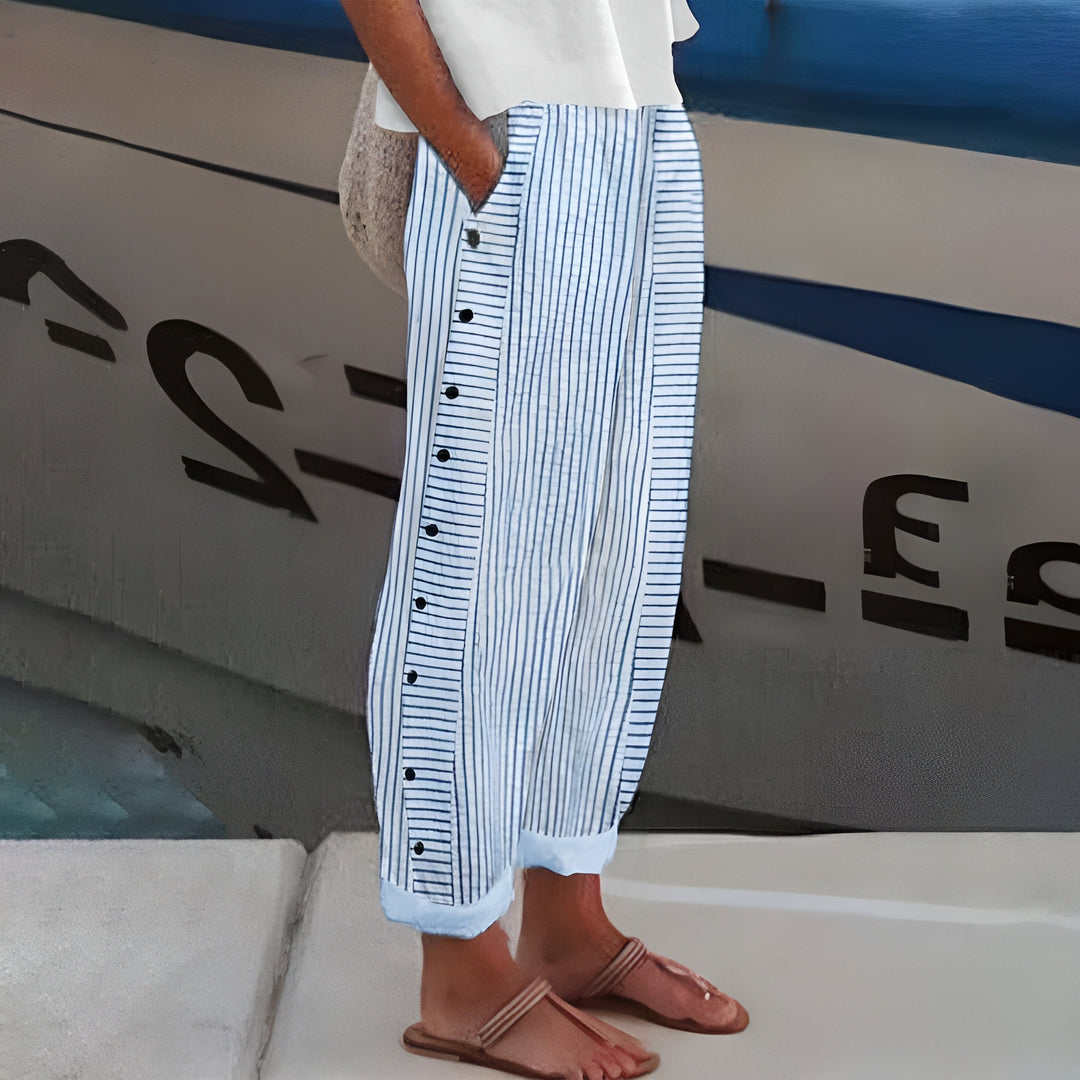 Women's stripe panel cropped trousers with button side detail, straight leg, and mid-rise for casual chic style.