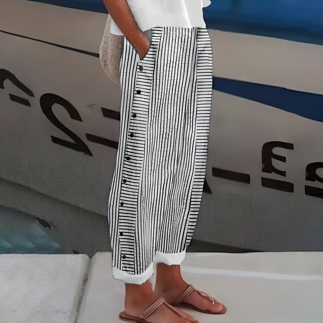 Stylish women's cropped pants featuring a stripe panel and decorative side buttons, perfect for workwear or summer.