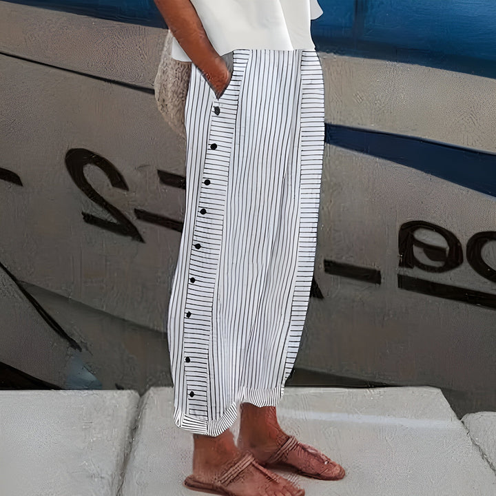 Mid-rise straight leg cropped trousers for women, detailed with a fashionable stripe panel and unique side buttons.