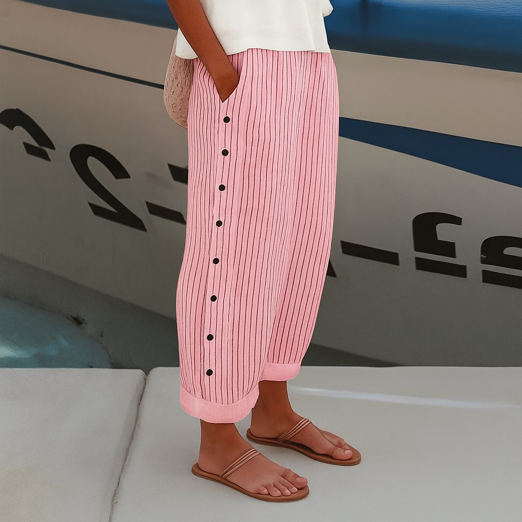 Versatile women's above-ankle stripe panel trousers with chic button detailing, ideal for elegant casual wear.