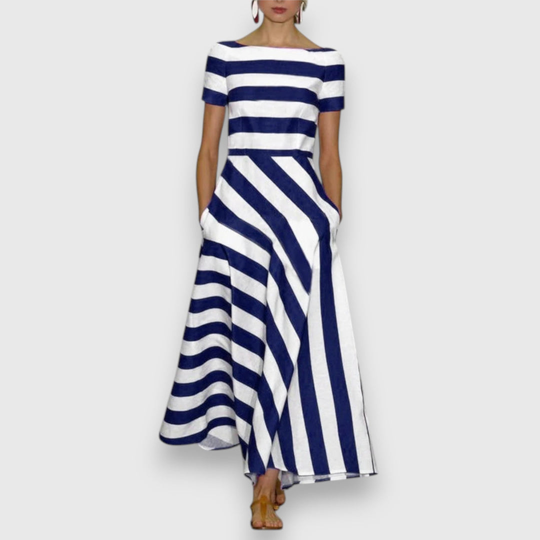 Women's striped bateau neck maxi dress with short sleeves & pockets. Perfect elegant summer or spring day dress.