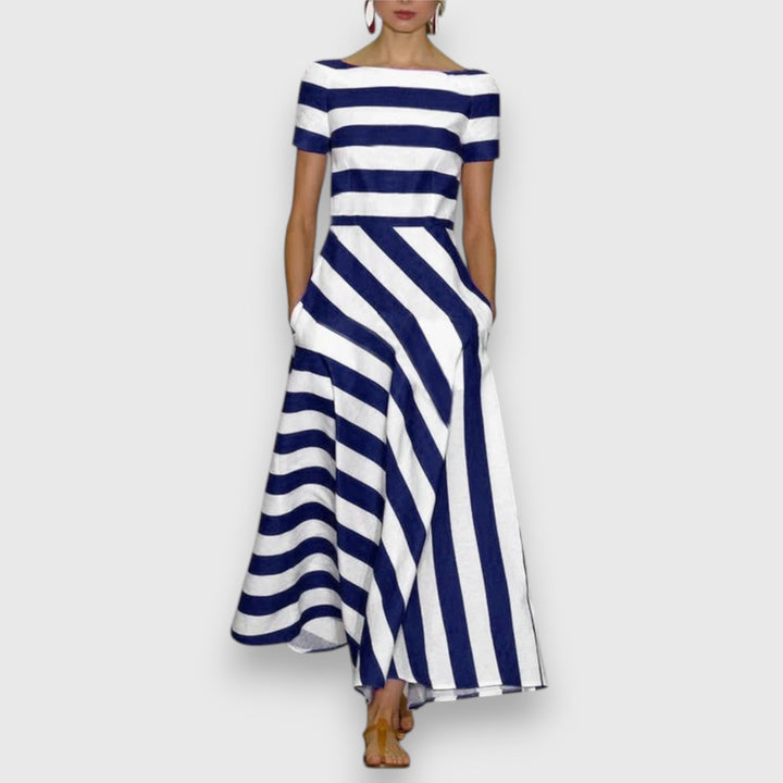 Women's striped bateau neck maxi dress with short sleeves & pockets. Perfect elegant summer or spring day dress.