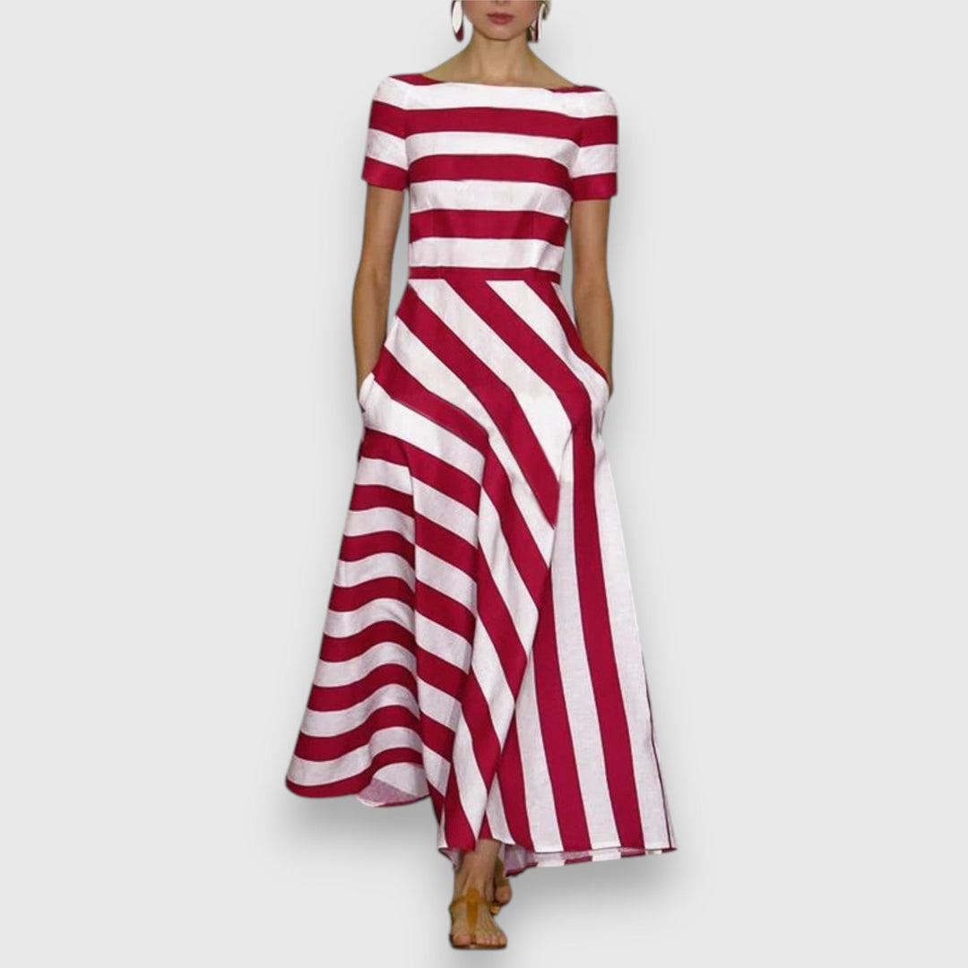 Elegant women's a-line striped maxi dress featuring a chic bateau neck & practical pockets for any occasion.