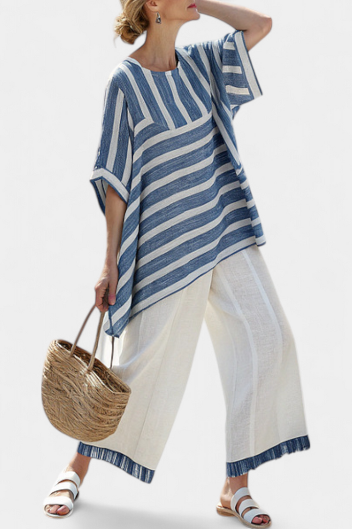 Women's striped batwing sleeve top & wide leg pant matching set, perfect for casual elegant resort wear.