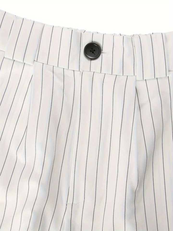 Lightweight striped blazer and shorts set, a comfortable women's summer fashion outfit. Casual chic two-piece.