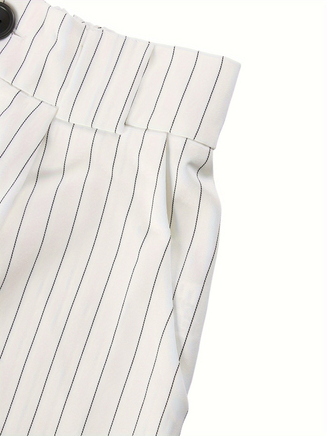 Modern women's striped blazer and shorts set. Elegant two-piece summer outfit for a casual chic style.