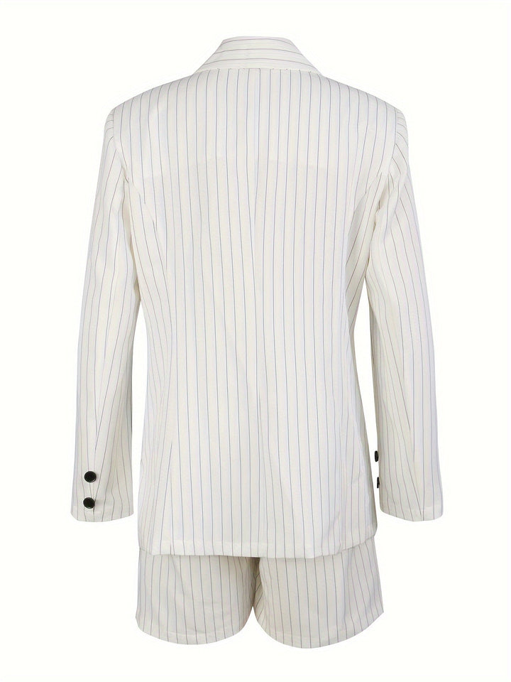Model wearing a women's striped blazer & shorts. Stylish two-piece summer outfit, perfect for a casual chic look.