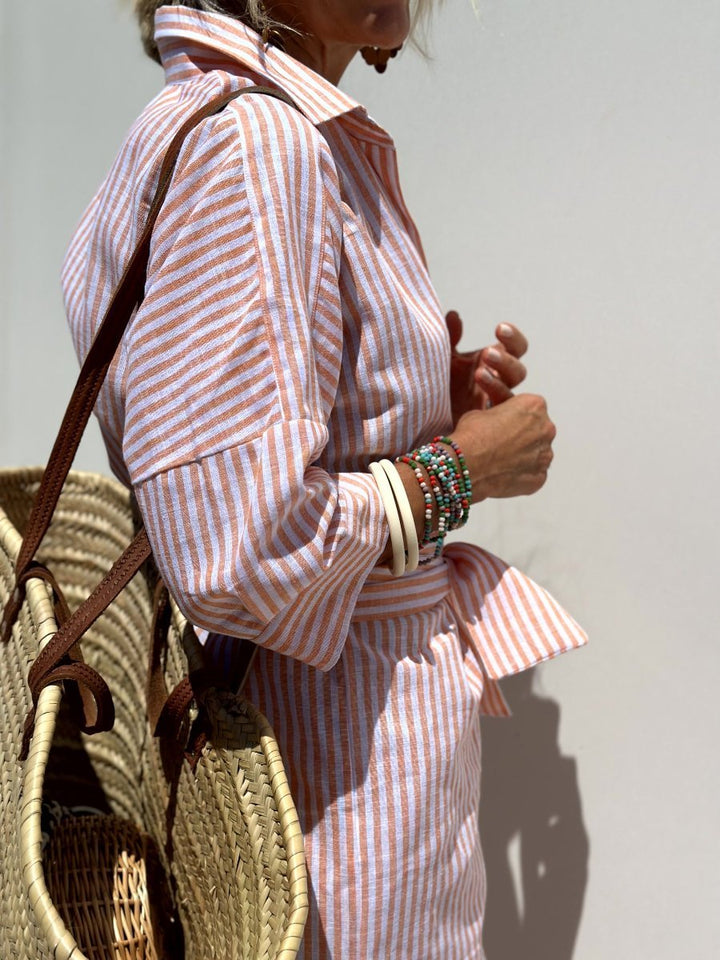 Grey striped women's midi shirt dress, relaxed fit, comfortable casual style for summer.
