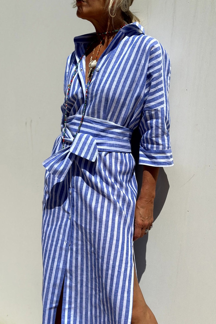 Versatile striped collared midi dress for women, offering a relaxed fit for any casual occasion.