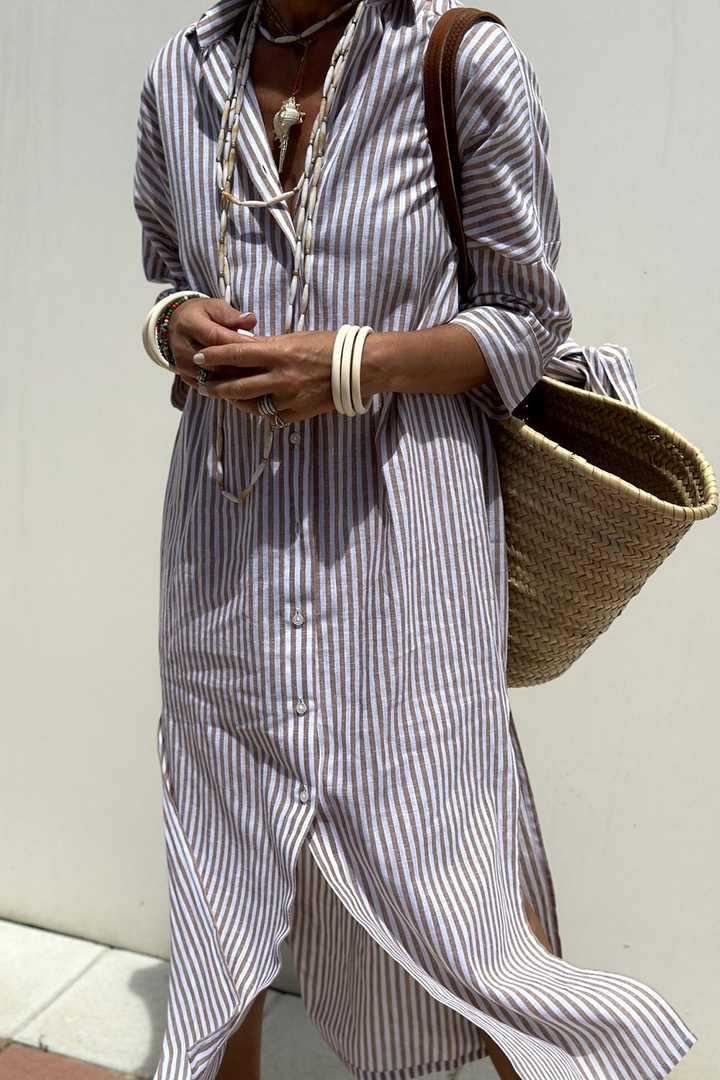 Casual women's striped midi dress featuring an oversized silhouette and a stylish collared design.