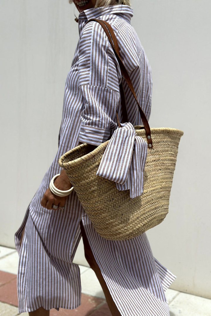 Relaxed fit striped midi dress for women, a collared, versatile piece perfect for everyday wear.
