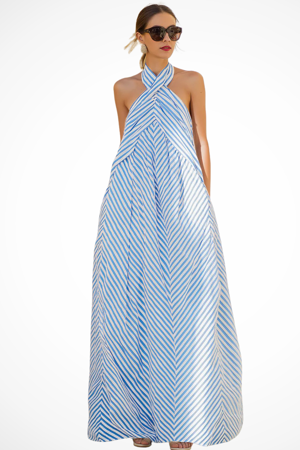 Versatile women's striped halter neck maxi dress, a perfect casual flowy sundress for daily wear or vacation.