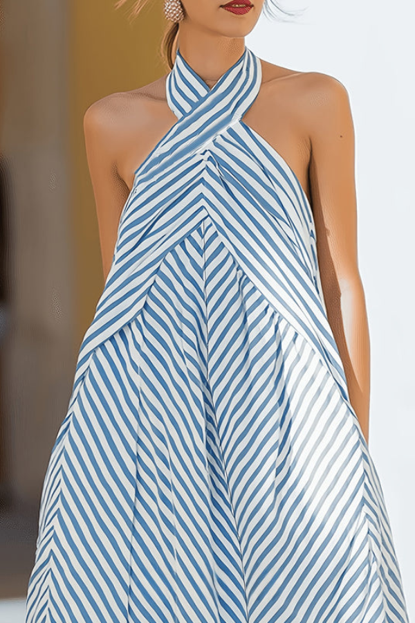 Sleeveless striped maxi dress for women, with a flattering halter neck and stylish keyhole cut-out.