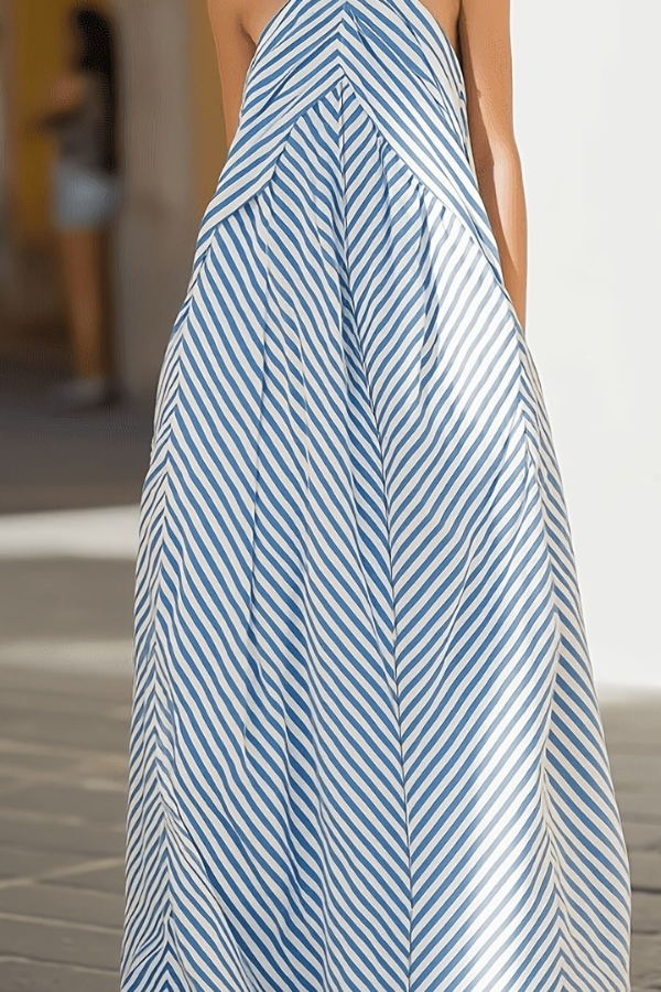 Fashionable women's striped halter keyhole maxi dress, ideal for parties, summer events, and warm-weather style.