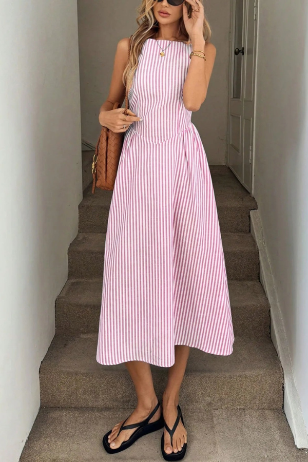 Lightweight women's striped halter midi dress, a comfortable sleeveless summer essential. Vacation ready.