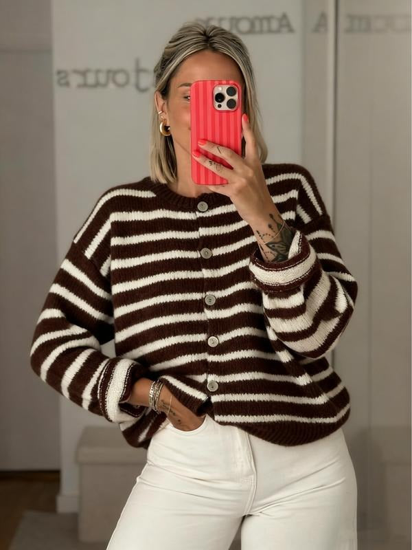 Women's striped knit cardigan, long sleeve, button-front, perfect for versatile fall & winter layering.