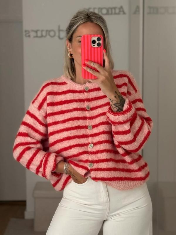 Casual chic women's striped knit cardigan. Elegant button-front sweater for comfortable everyday fall & winter style.